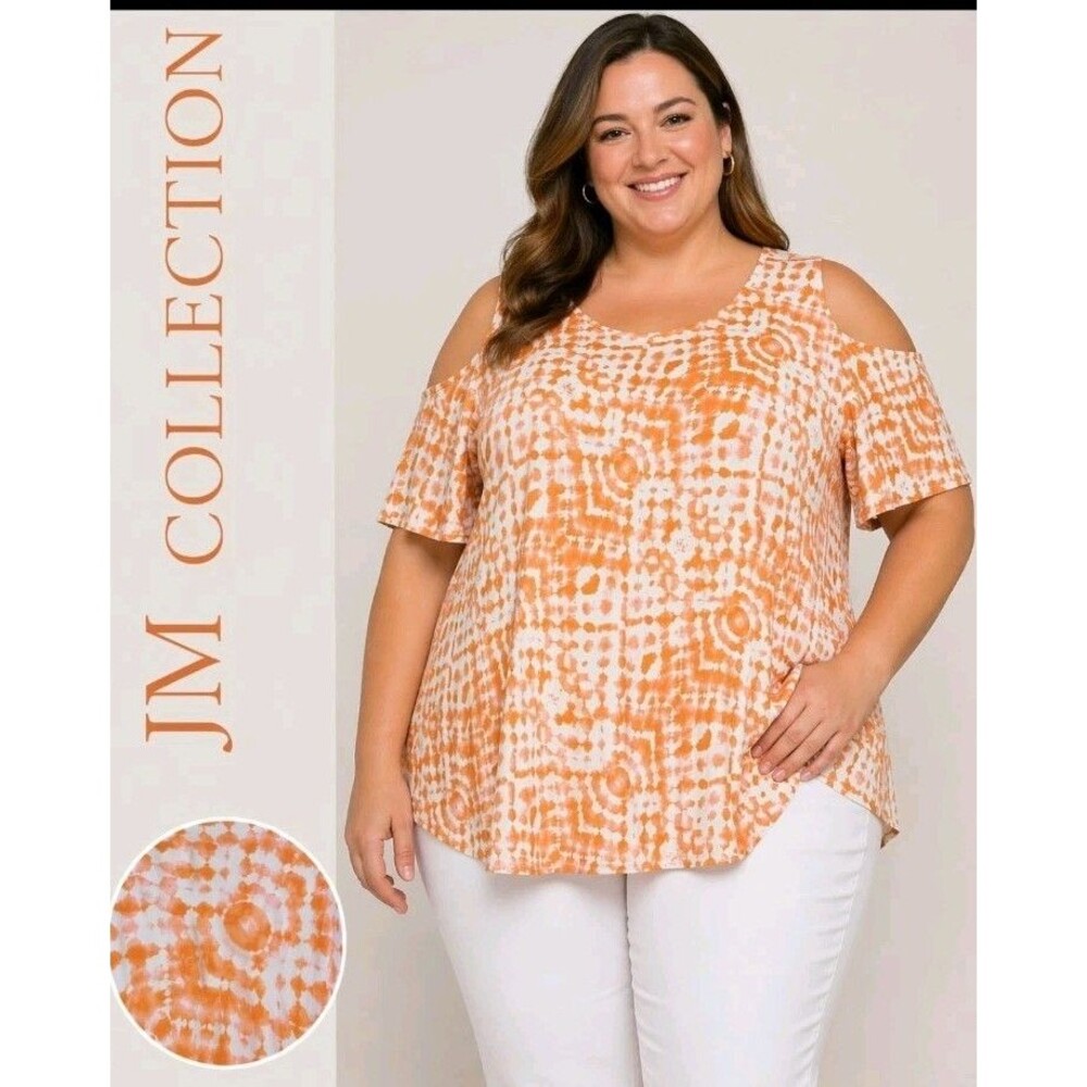 NWT JM COLLECTION Womens 2X Tie Dye Boho Cold Shoulder Rayon Spandex Orange Top